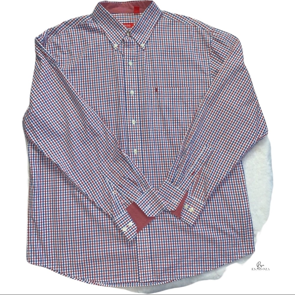 IZOD Mens Large plaid long sleeve button down shirt red/white/blue